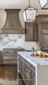 Traditional kitchen with mocha cabinets and dark wood floors