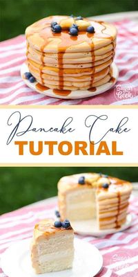 A pancake cake that looks like a stack of freshly baked pancakes, syrup, butter and some blueberries but it's really a cake! Even the batter tastes like pancakes! A super fun and easy cake to make for a pancakes and pajamas or breakfast birthday  party #kidsbirthdayparty #kidsbirthdaypartyideas #boybirthdaypartyideas #boybirthdayparty #girlbirthdayparty #girlbirthdaypartyideas