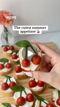 Recipes on Instagram: "This is the most adorable summer appetizer, and it’s incredibly easy to make 🍒 You only need five ingredients to make these delicious bites, perfect for a gathering with friends.

Ingredients:
- Sliced baguette
- Whipped goat cheese
- Cherry tomatoes, sliced in half
- Fresh chives, sliced into small pieces
- Fresh basil leaves

#summerappetizer #summer #cherrytomatocrostinis #tomatoes #cherries #appetizers #easy #crostinis"