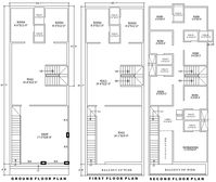 Explore a meticulously planned 23.1ft x 61.7ft hotel and shop layout design, complete with basement, ground, and first-floor plans in AutoCAD DWG format.