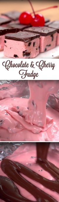 Cherry & Chocolate Fudge Recipe | This rich and colorful fudge tastes absolutely out of this world! And all you need to make it is white chocolate chips, marshmallow creme, butter, sugar, heavy cream, salt, cheery flavored gelatin, dried or fresh cherries, and dark chocolate. Yum! Click for the recipe and short how-to.