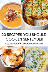 September is a great month to cook with all the bounty of vegetables from the end of summer harvest! During the month of September you will also find sales on Back to School Lunch Type Items such as snack foods, bread, juice boxes and more. Here are 20 of the Best Recipes to Cook in September! #fallrecipes #septemberrecipes #fall