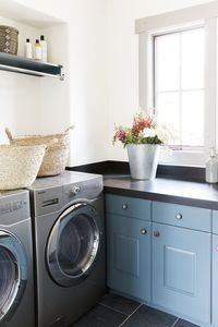 Blue cabinets laundry room