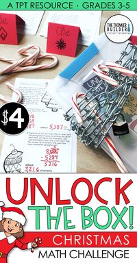 Unlock the Box! is an engaging escape-room-like math challenge for Christmas, focusing on addition and subtraction with regrouping. Ingrid the Elf has locked a prize inside a box, and students must solve her clues and find the key to unlock the box and earn the prize! Grades 3-5 ($)