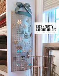 Make this DIY hanging earring holder in 10 minutes or less.  Keeps your jewelry untangled and organized! #organization