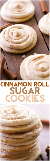 Cinnamon Roll Sugar Cookies... These cookies taste JUST like a cinnamon roll! The cookies are soft and chewy and the frosting is FABULOUS!  Love this fall dessert recipe!