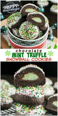 Chocolate Mint Truffle Snowball Cookies - colored sprinkles and white chocolate hide a hidden mint candy surprise in these chocolate cookies. Great recipe to make for holiday cookie trays.