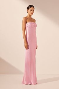 Strapless maxi dress with ruched bodice detail in peony in a LENZING™ ECOVERO™ with luxurious satin finish. Contributing to a cleaner environment, LENZING™ ECOVERO™ viscose fibres omit 50% less greenhouse gas emissions and utilise less water than conventional viscose.