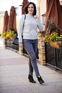 Monochromatic Fall Outfit: Grey AG Legging Ankle Jeans, Grey Donegal Mock Neck Pullover, Rag & Bone Margot Booties, Leather Bucket Bag