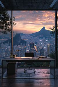 Immerse yourself in the fusion of urban sophistication and natural beauty with a home office that showcases the city's architectural marvels against the breathtaking backdrop of towering mountains. The sleek and modern design of your workspace enhances this unique blend, creating a space that inspires both productivity and appreciation for nature. 🌆🏞️🏢