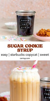 This homemade sugar cookie coffee syrup is so easy to make at home with a handful of ingredients! This festive, sweet, and buttery coffee syrup is perfect for your next iced or hot latte or even in mocktails, cocktails, ice cream, pancakes, and more! Inspired by Starbucks' Sugar Cookie Oat Latte and Sugar Cookie Almond Milk Latte, this homemade sugar cookie syrup lets me make cafe-styled lattes in the comfort of my own home!