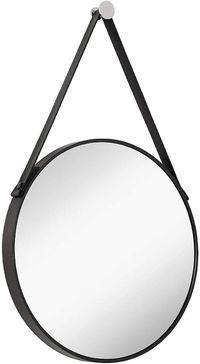 Latitude Run® Hanging Black Leather Strap Metal Circular Wall Mirror With Chrome Accents| Glass Panel Rounded Circle Design Vanity Mirror | Wayfair