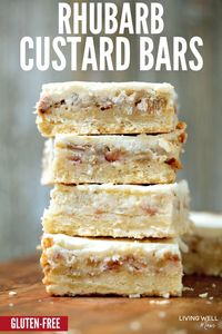 With a shortbread crust, rhubarb custard filling, and a cream cheese - whipped cream topping, these gluten-free Rhubarb Custard Bars are one of our favorite rhubarb desserts. #rhubarb #creamcheese #dessert #dessertrecipes #glutenfree