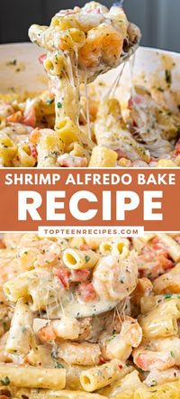 If you like Alfredo-style pasta, this garlicky shrimp Alfredo bake recipe will become one of your favorites. The creamy sauce is rich, yet not overly caloric and perfectly seasoned with garlic, shallots, Italian herbs, and parsley. Melted mozzarella and parmesan cheese make it even more luscious!