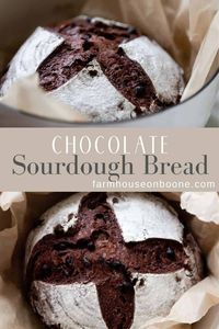 Double chocolate sourdough chocolate bread is a decadent recipe you will want to make over and over. Soft and chewy on the inside, crusty on the outside, and scattered with chocolate chips throughout. #farmhouseonboone #sourdoughchocolatebread #sourdoughbread #chocolatesourdoughbread