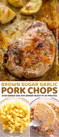 Oven Baked Pork Chops in brown sugar and garlic on a sheet pan with yukon potatoes. One pan, easy cleanup and the family will love them.