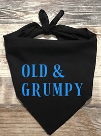 Old & Grump lightweight dog bandana. Regular size is perfect for for medium and large dogs. Small works well for cats, small dogs, and puppies. For sizing, measure your dog or cat's collar. Use those measurements to base your sizing decisions keeping in mind to leave a few inches on each side for room to tie the bandana. Hand wash only, hang dry or lay flat to dry. Our best suggestion for ironing is to lay the bandana vinyl side down and iron from the back on medium heat. Colors may vary dep