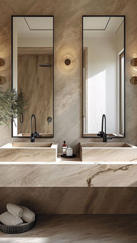 Luxuriate in the serenity of this master bathroom retreat. Double sink vanity, earth tone marble, and timeless elegance make every moment here an indulgence.  Luxury Bathroom | Luxury Real Estate | Flat in Amsterdam | Minimalist | Earthy Tones | Natural Stone