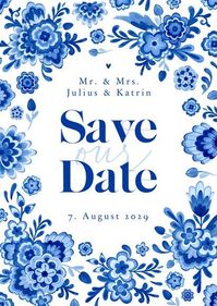 Hochzeitskarten - Save-the-Date-Karte Hochzeit Delfter Blau Blumendekor