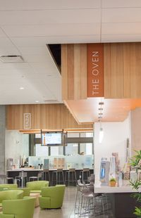 Designed by RSM Design. Interior design foodhall. College campus dining. Dining hall interior design. Wayfinding signage design. Environmental graphic design. Interior graphics. Modern signage design. Foodhall signage. Placemaking. College campus design. University design.