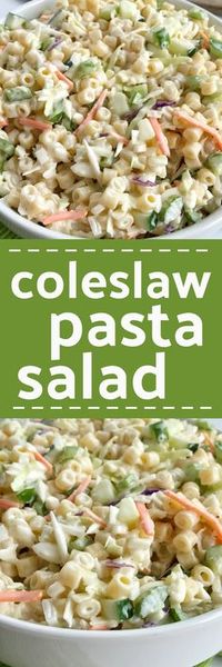 Coleslaw pasta salad is a fun twist to traditional pasta salad. Loaded with texture, taste, and fabulous crunch. This is the perfect side dish for a summer bbq, picnic, or potluck! It can be made ahead of time too.