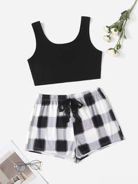 Black and White Casual  Sleeveless Polyester Gingham Short Sets Embellished Slight Stretch  Women Sleep & Lounge