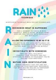 "The RAIN technique is a mindfulness tool that can help individuals process difficult emotions and cultivate inner peace. Here are the steps to the RAIN technique: Recognize: Begin by recognizing and acknowledging the emotion or sensation you are experiencing. You might say to yourself, \"I'm feeling anxious,\" or \"I notice tension in my shoulders.\" Allow: Allow the emotion or sensation to be present without trying to push it away or change it. Be compassionate towards yourself and accept what