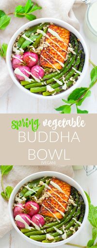 A delightfully refreshing and seasonal dish, this vegan-friendly spring vegetable buddha bowl is packed with seasonal veggies, tofu and a minty creamy cashew dressing.  #springrecipes #buddhabowl