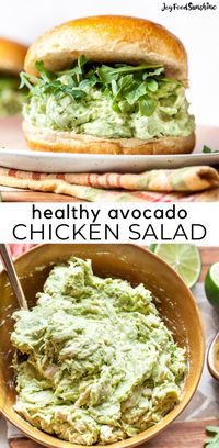 This Healthy Avocado Chicken Salad recipe has no mayo and is packed full of nutritious ingredients! It takes 5 minutes to prepare and is a great way to use leftover chicken!