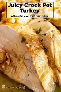 This easy juicy slow cooker turkey breast recipe has herbed butter with hints of garlic and onion.  Finished in the oven to get the crispy golden skin this recipe is perfect for those who don’t need the entire bird for their Thanksgiving celebration or those who only want eat breast meat. #thanksgiving #crockpot #turkeybreast #slowecookerturkey #smallthanksgiving