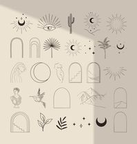 Bohemian Modern Arch Logo Elements Collection. 29 line drawing design elements. This pre-made logos could be customized to suit your brand perfectly. You can edit the colors and size without quality loss. This gorgeous collection includes various esoteric bohemian mystic and floral symbols - decorative arc frames, eyes, moon and stars, sunbursts, mountains, desert, lady, maiden, palm, cactus, stairs, florals, branches, bird, patterns and more. This collection in white: https://etsy.me/3udD0jG Al