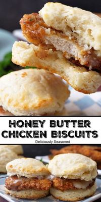 Honey Butter Chicken Biscuits is made with tender, juicy fried chicken sandwiched between a homemade buttermilk biscuit and topped with honey butter.