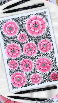 🌸🌸🌸Beautiful Pink Flower Pattern 🌸🌸🌸 #zentanglesartist #zentanglelover #zendoodle #doodleart #arttherapy #fineliners #doodling #zentangles #lineart #mandala #flowerdoodle #flowerpattern #pink #pinkflowers #easydoodleart #easyart #satifyingvideos #easydrawings