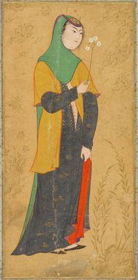 Woman with a spray of flowers | ca. 1595, Safavid period | Opaque watercolor and gold on paper; H: 30.3 W: 18.6 cm; Isfahan, Iran