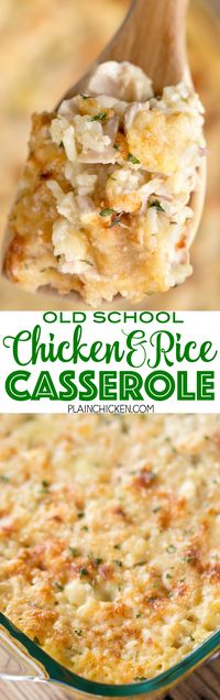 Old School Chicken and Rice Casserole - seriously THE BEST!!! Everyone cleaned their plate and went back for seconds - even our picky eaters!!! Chicken, cream of chicken, cream of mushroom, cream of celery, onion powder, garlic powder, water, milk, instant rice and parmesan cheese. This has quickly become a family favorite! We make it at least once a month. SO good!!