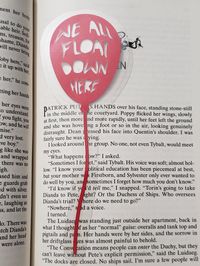 We All Float Down Here - Stephen King IT Quote Inspired Bookmark Hand Cut Silhouette DIY Custom Cut from sturdy card stock and laminated with 5 mil plastic. Free hand cut edges. **Please note that due to variations amongst computer monitors, actual colors may vary slightly from what appears on your screen. **Bookmark is hand-cut and laminated with a personal laminator, therefore bookmark will vary from one another due to free-hand cutting and machine temperatures (may have slight frosted edges o