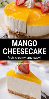 This no bake mango cheesecake is a creamy and tropical dessert! Made with a mousse-like mango cream cheese filling, homemade mango jelly, and a graham cracker crust, it’s easy to put together and a refreshing summer treat.