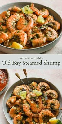 Sweet, juicy, succulent Old Bay shrimp are steamed over water and beer, then served with homemade cocktail sauce and a squeeze of lemon. The whole family will love them! #wellseasonedstudio #shrimp #oldbay #oldbayshrimp #steamedshrimp #steamed #shrimpphotography #foodphotography #shrimpstyling #foodstyling #whole30 #healthy #healthyrecipes