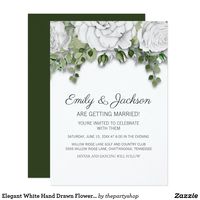 Elegant White Hand Drawn Flowers Green Wedding Invitation #whitefloral #weddinginvitation #zazzlemade