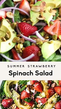 20min     Produce  • 1: Avocado, large  • 1: Garlic clove  • 1/2: Red onion, small  • 1 package: Spinach, organic  • 8 oz: Strawberries  Condiments  • 3 tbsp: Balsamic vinegar  • 1/2 tsp: Dijon mustard  • 1/2 tbsp: Strawberry jam  Baking & Spices  • 1: Salt and pepper, Freshly ground  Oils & Vinegars  • 1/4 cup: Olive oil  Nuts & Seeds  • 1/3 cup: Almonds, raw  • 1/4 cup: Pistachios, roasted  Dairy  • 1/2 cup: Feta crumbles