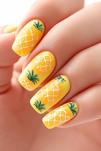 Celebrate the fun of summer with these adorable pineapple-themed nails. Their bright yellow hue and cute design are perfect for beachy vibes and will complement any simple summer nails look. For more summer nail design trends, check out nailhow.com.