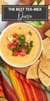 Make the best Tex-Mex Queso at home with this easy recipe. This smooth, creamy cheese dip is perfect for serving with tortilla chips as an appetizer. Made from scratch with no Velveeta, it’s the best appetizer to bring restaurant-quality queso to your table.