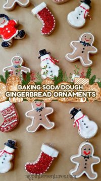 How to create gingerbread ornaments with baking soda dough, puff paint, and glitter. Perfect holiday craft for the entire family to express their creativity. #christmas #ornament #gingerbread