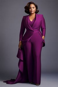 Xpluswear Design Plus Size Mother Of The Bride Elegant Purple Turndown Collar Long Sleeve Flounce Pockets Two Piece Pant Sets [Pre-Order]