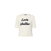 This knit top is playful yet chic in a trim shape with half-sleeves spun from a brushed mohair blend in a soft, slightly fluffy finish. The crew neckline, cuffs and waistline are trimmed with ribbing, while the chest is embellished with a cursive louis vuitton signature for an elegantly graphic touch.