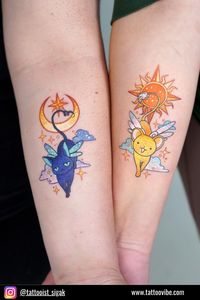 Matching tattoos don’t have to be that simple. This anime-style tattoo represents your friendship as well as your love for anime. If Card Captor Sakura is your favorite anime, then go ahead and get this matching set of kittens with the moon and stars tattoos.