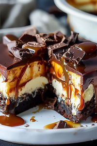 Sliced Caramel Brownie Cheesecake on a plate