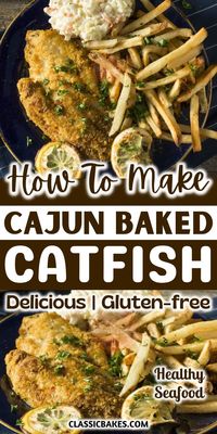 A healthier version of catfish, this crisp and flaky baked fillet is seasoned with salt, pepper, and spicy Cajun-flavored cornmeal, then baked until cooked through. We serve it with Cajun fries and coleslaw for a balanced meal.