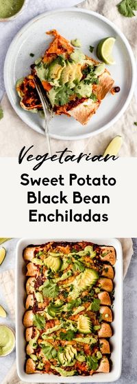 These healthy sweet potato black bean enchiladas might just be the best vegetarian enchiladas you'll ever eat. They're packed with flavor from delicious spices and an easy, homemade enchilada sauce, and are topped with an amazing avocado lime cream. The perfect vegetarian comfort food for weeknight dinners! #enchiladas #vegetarian #sweetpotato #avocado #healthydinner #comfortfood