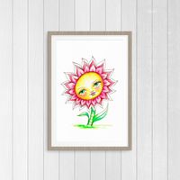 Pink Daisy (Flower Face 1) Fine Art Print  This little pink daisy is looking for a little girl with room on her bedroom wall.   #daisy #flower #pink #face #whimsy #nursery #art